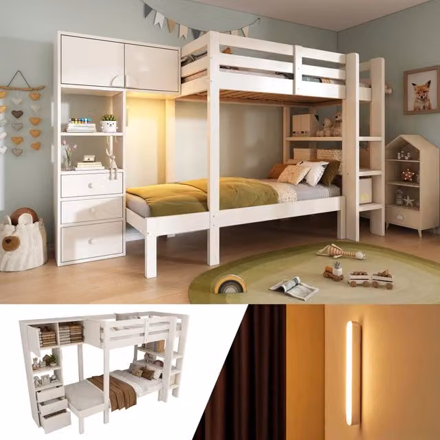 Letto a castello sfalsato con luce notturna a sensore; armadio; mensole e cassetti; bianco; 90x200 cm; certificato EN747; senza materasso