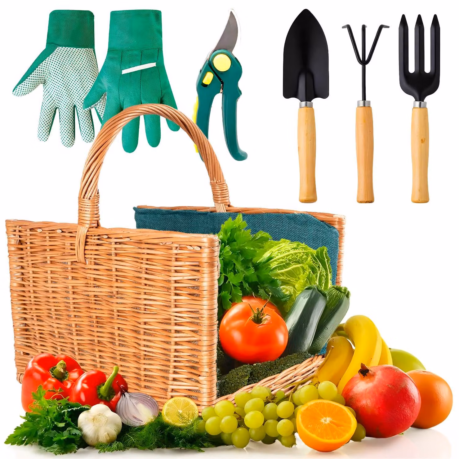 Set di attrezzi da giardino con cesto, design ergonomico, dimensioni 35x22x29 cm
