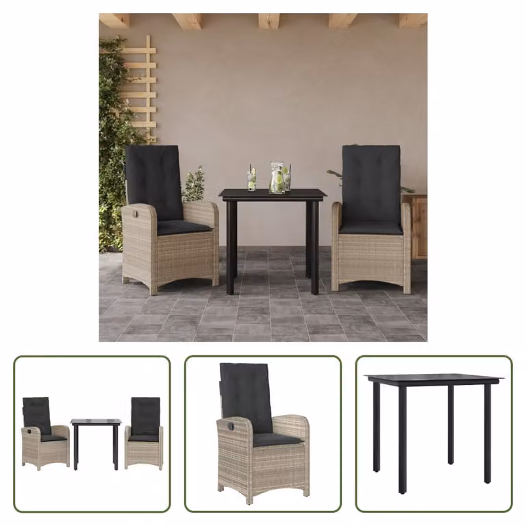 The Living Store Set da pranzo da giardino 3 pezzi con cuscini in rattan grigio chiaro