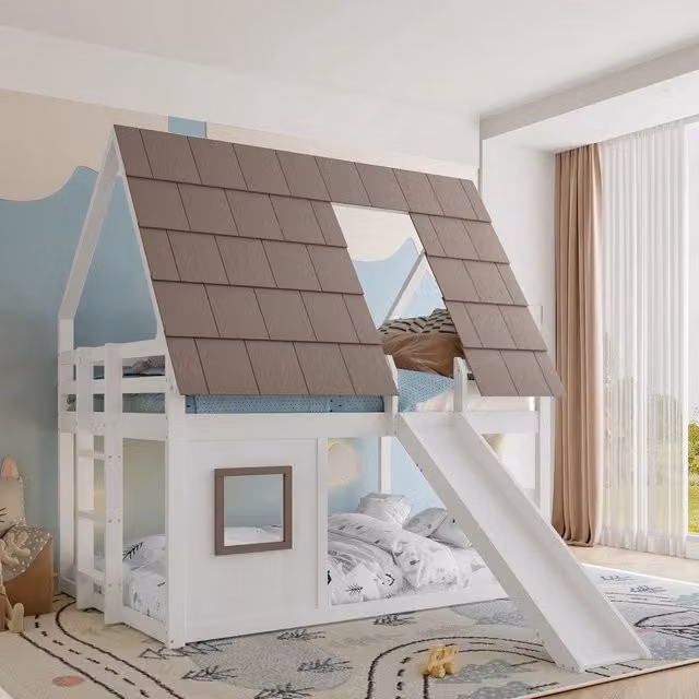 Letto a Castello in Legno con Scivolo e Scala ¨C MINIMAL ¨C Bianco/Marrone 140x200