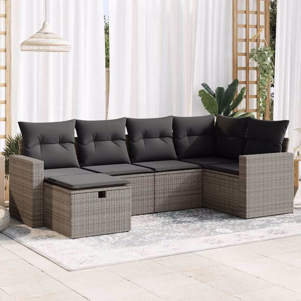 Set Divano da Giardino vidaXL 6 pz in Polyrattan Grigio con Cuscini e Ottoman a Forma di L