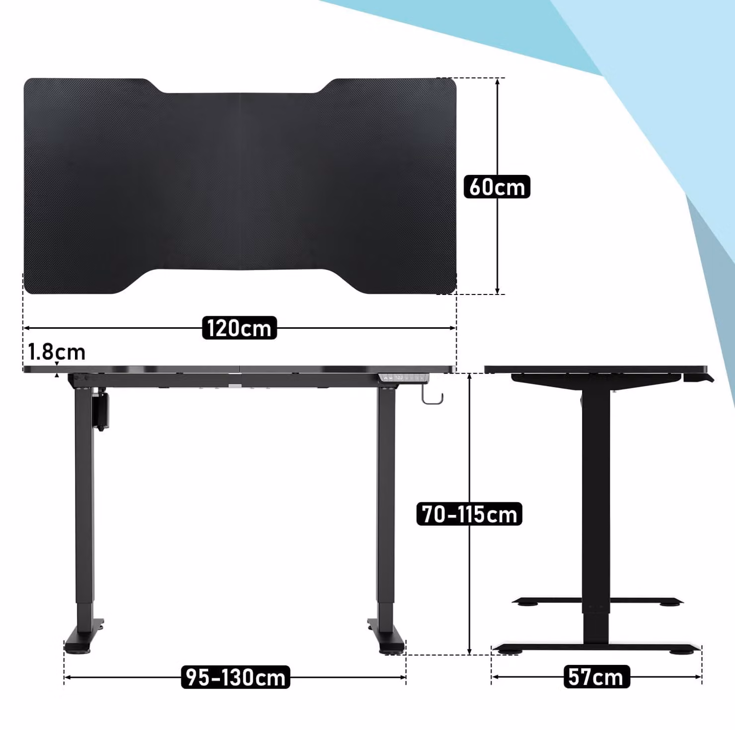 Scrivania regolabile in altezza, elettrica - Piano di lavoro 120 x 60 cm - Nero - Struttura Acciaio al carbonio - Scrivania da gaming