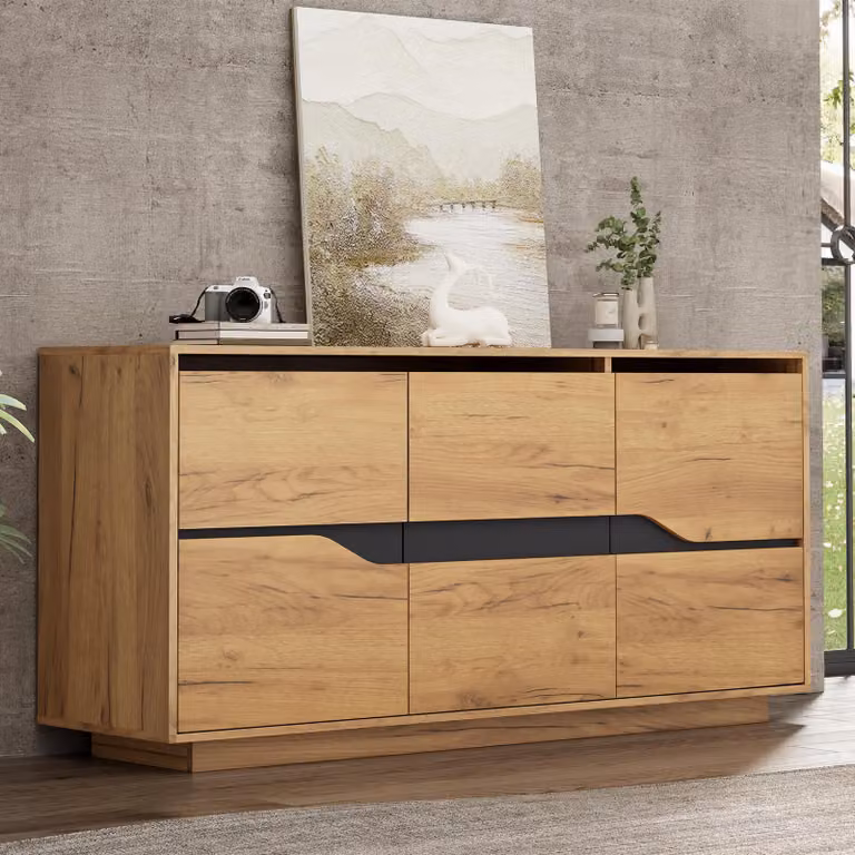 Credenza Merax 140 cm con 3 ante e ripiani regolabili, cassettiera con design a blocchi di colore, illuminazione a LED app, aspetto legno e nero