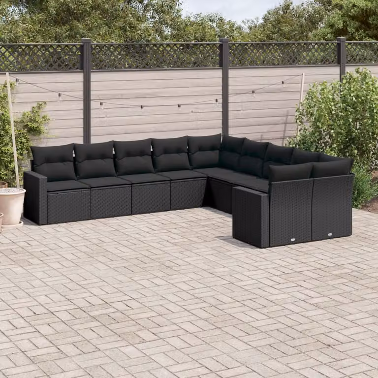 Set di Divani da Giardino vidaXL 10 Pezzi in Polyrattan Nero con Cuscini Imbottiti e Rivestimenti Rimovibili