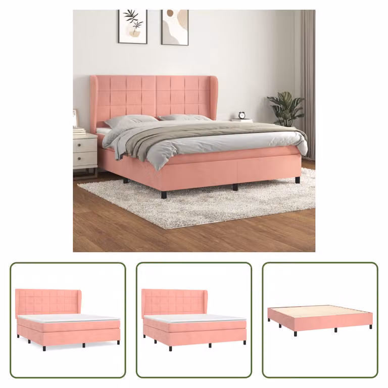 The Living Store Letto a molle con materasso rosa 160x200 cm in velluto