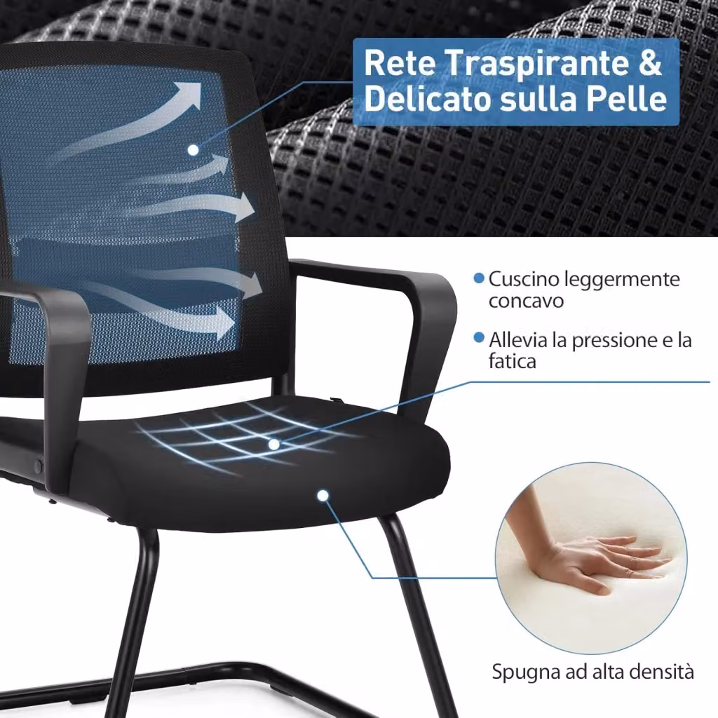 Set di 2 sedie da ufficio ergonomiche Costway con base cantilever, schienale in rete e braccioli, colore nero, L 54,5 x P 60 x H 94 cm – 2