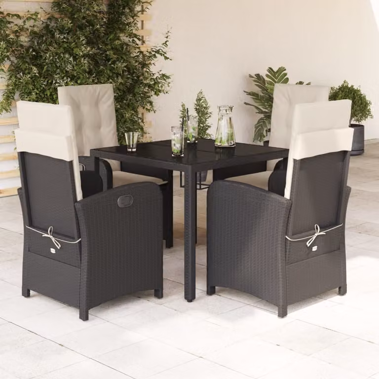 Set da Pranzo da Giardino vidaXL 5 pz in Polyrattan Nero con Cuscini e Tavolo in Vetro