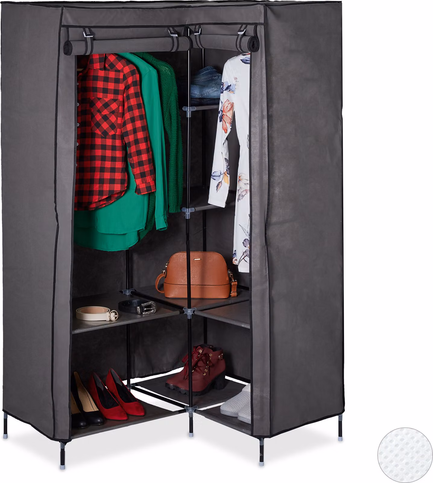 Armadio ad angolo Relaxdays, 3ª generazione, 8 ripiani, 2 aste appendiabiti, sistema a incastro, 2 ante, 169x100x83 cm, antracite