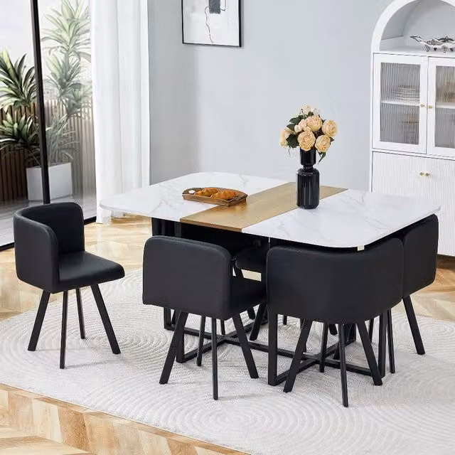 Set tavolo da pranzo allungabile con sedie pieghevoli ¨C Minimal ¨C piano bianco, telaio metallo nero, per 4-6 persone