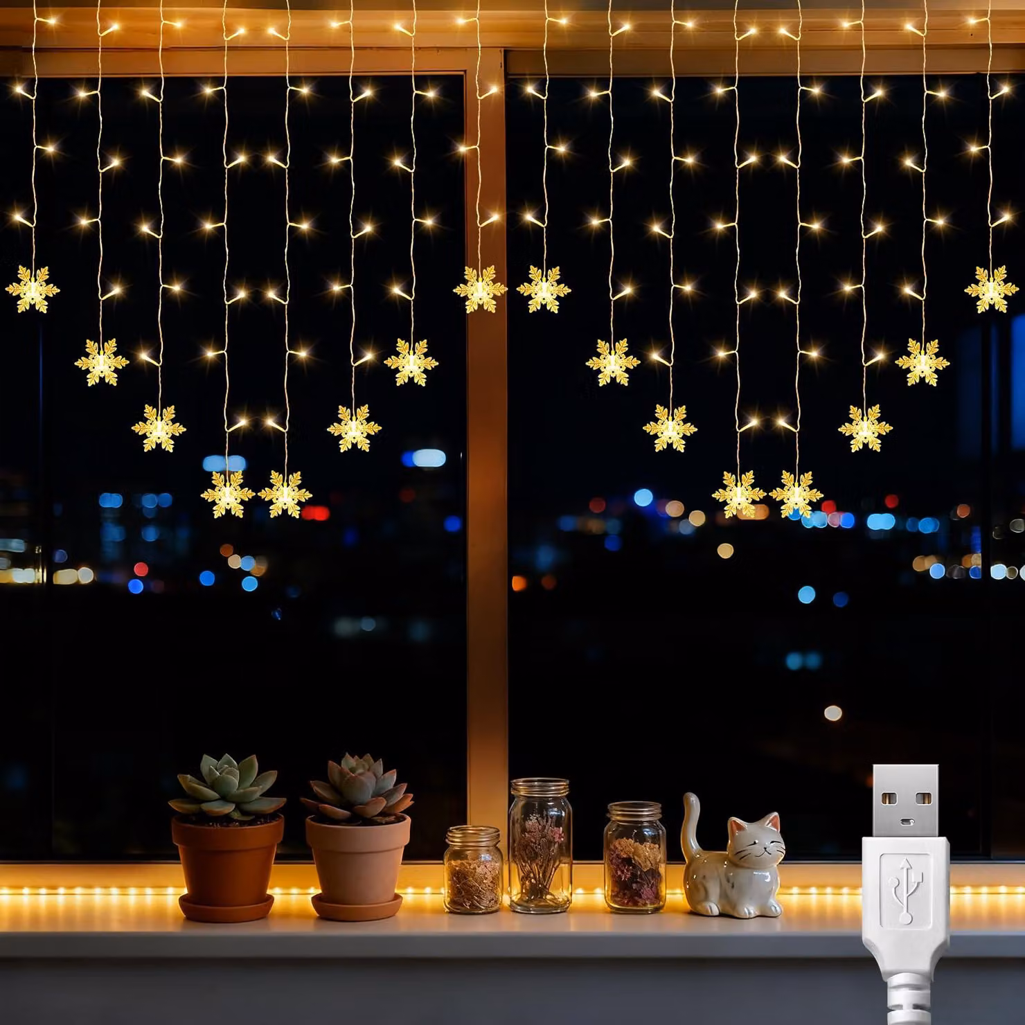 Tenda luminosa a forma di fiocchi di neve, 104 LED, 2x1 metro, alimentazione USB, luce bianco caldo