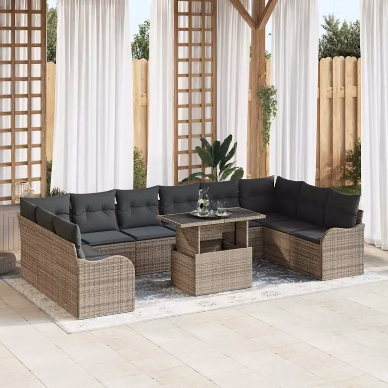 vidaXL Set Divano da Giardino a Forma di U da 11 Posti con Tavolino e Cuscini Grigio e Nero