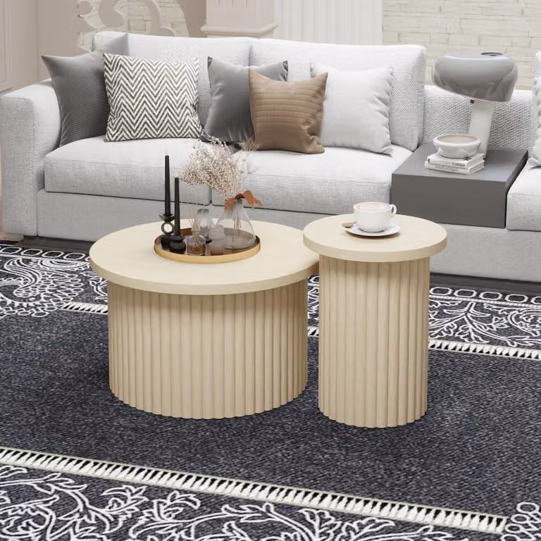Set di tavolini rotondi in confezione da 2, con finitura effetto legno naturale e struttura ondulata – tavolino ausiliario integrato, ideale per il soggiorno o l'ufficio