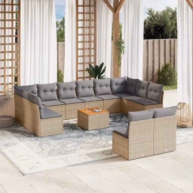 Set Divano da Giardino VIDAXL a Forma a U in Polyrattan con 13 Cuscini Beige – 1