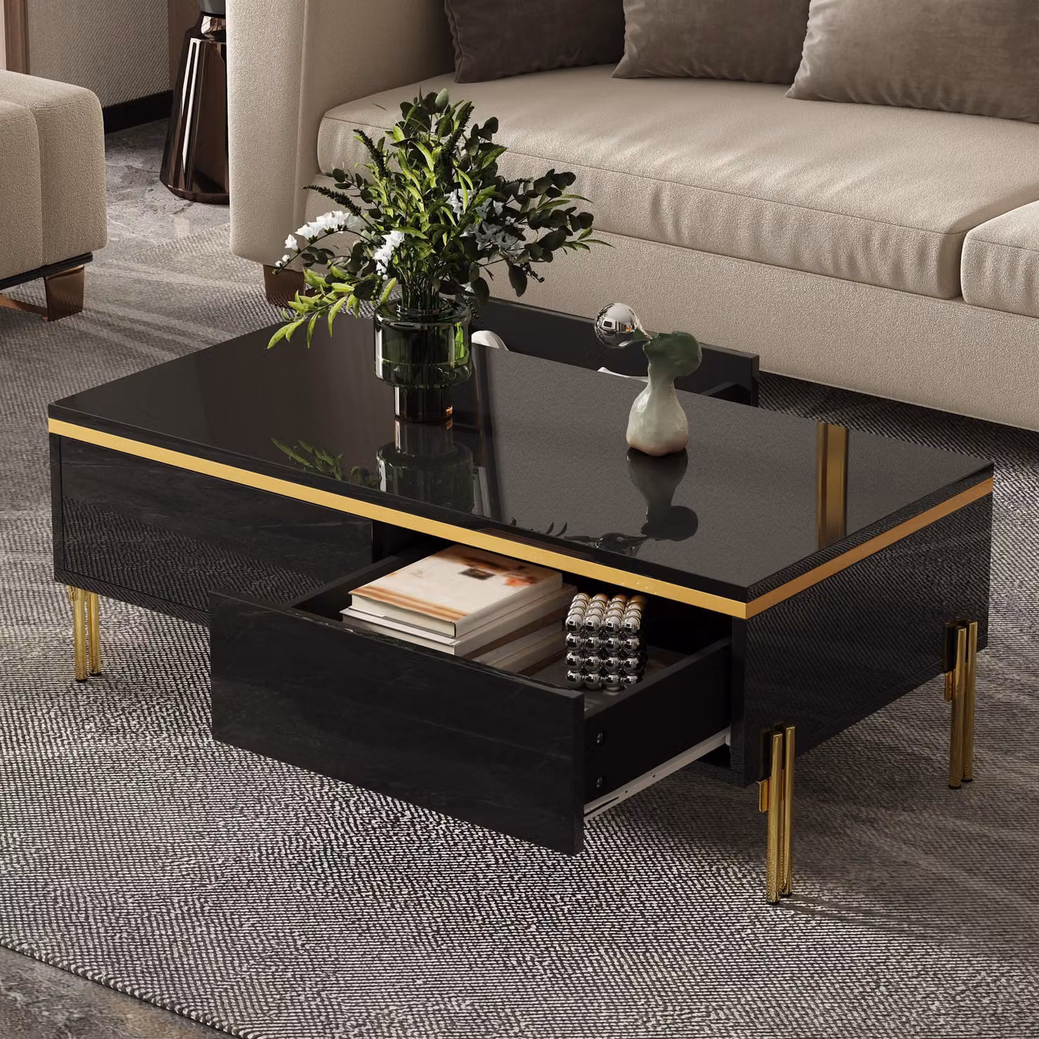 okwish Tavolino da salotto moderno alto con finitura lucida e cassetti, dimensioni 100x50x36, tavolino multifunzionale ed elegante, nero