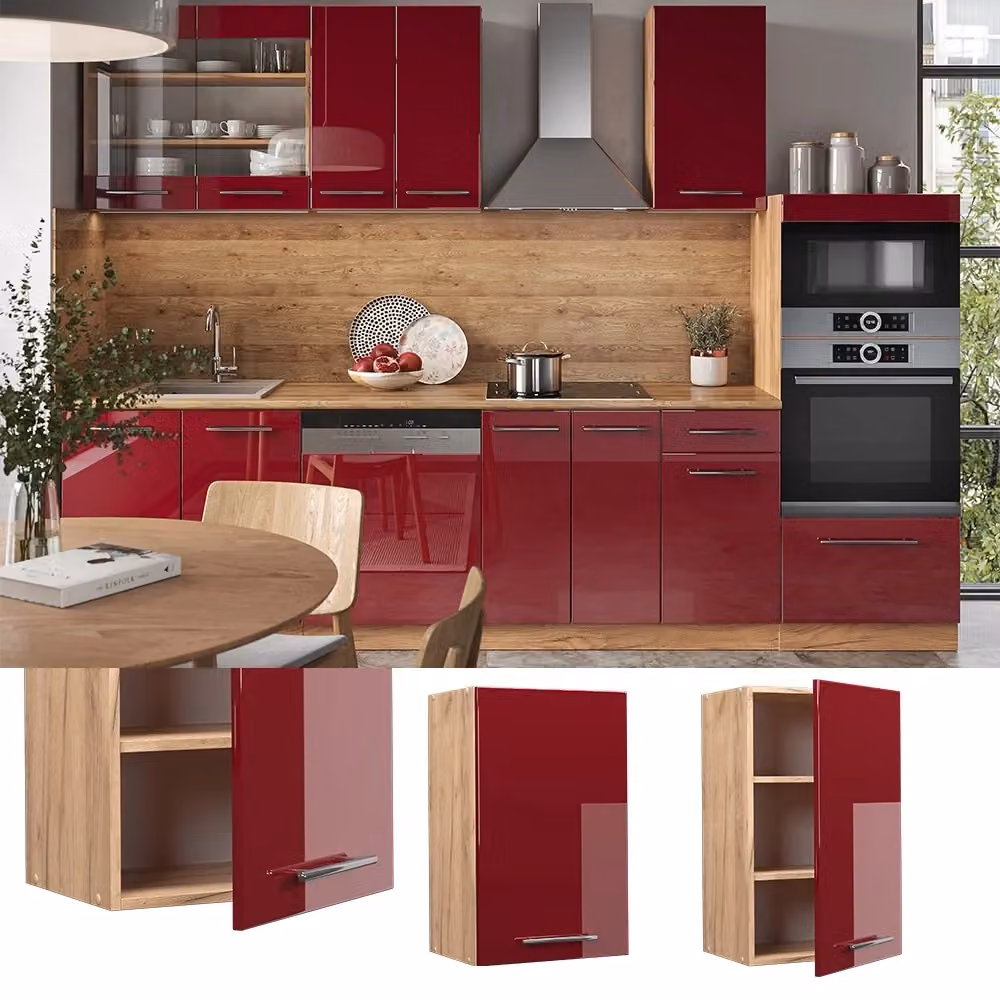 Pensile da cucina Vicco Fame-Line moderno in MDF bordeaux lucido e rovere, L: 45 cm – 2