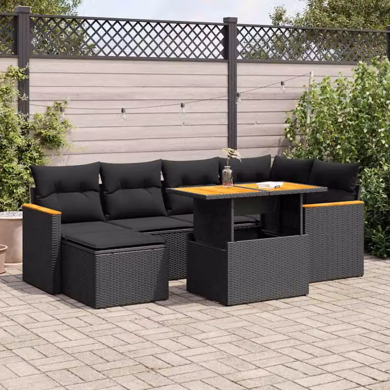 Set Divano da Giardino a L vidaXL in Polyrattan e Legno di Acacia Nero con 7 Cuscini