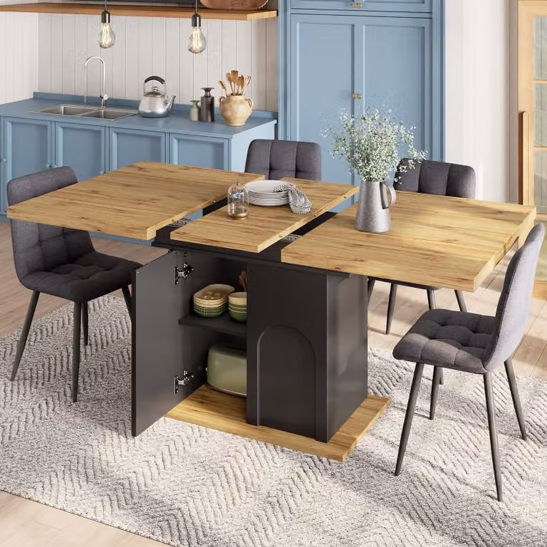 Tavolo pieghevole MODFU con spazio contenitore, tavolo da pranzo con sistema di scorrimento silenzioso, tavolino da caffè salvaspazio per 4-6 persone, colore nero