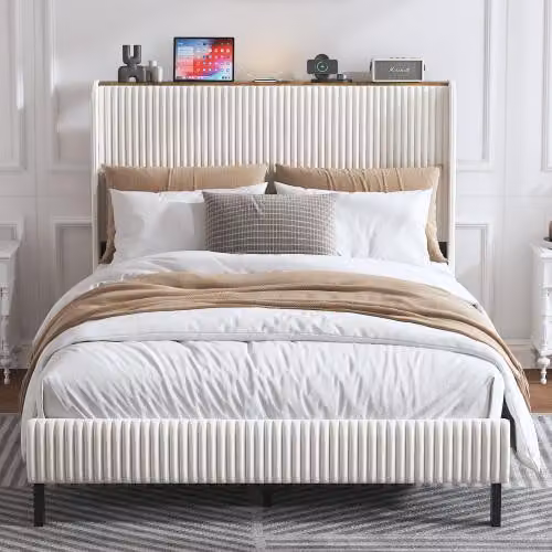Letto imbottito AIORBER 160x200cm con tessuto a coste, contenitore, struttura in metallo, USB e LED, silenzioso e stabile, letto a piattaforma moderno, beige crema