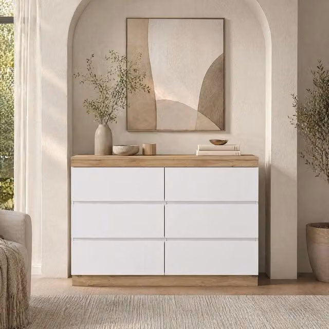 Cassettiera con 6 cassetti e vano chiuso; E1 truciolare; bianco e rovere