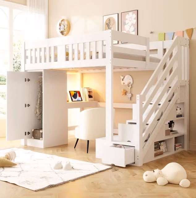 Letto a soppalco ULEVR 140x200 cm con scala contenitore, armadio, scrivania con presa europea e LED multicolore, bianco