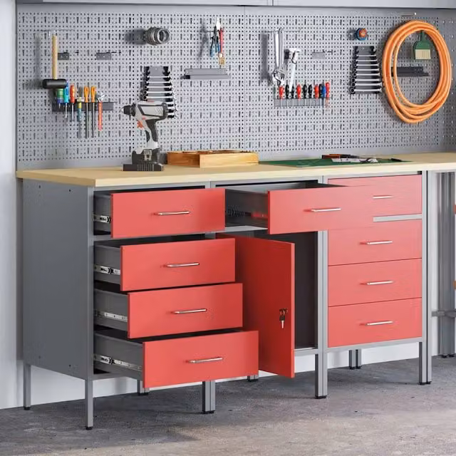 Set di 3 mobili da lavoro vidaXL in acciaio e legno, colore rosso e grigio, L 150 x P 55 x H 85 cm – 1