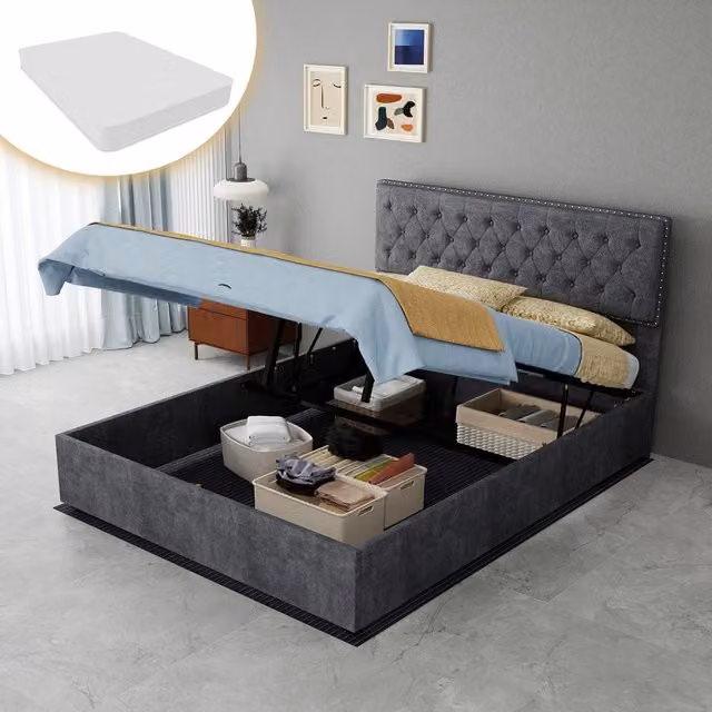 Letto Contenitore Imbottito ¨C MINIMAL ¨C Grigio 140x200 con Materasso