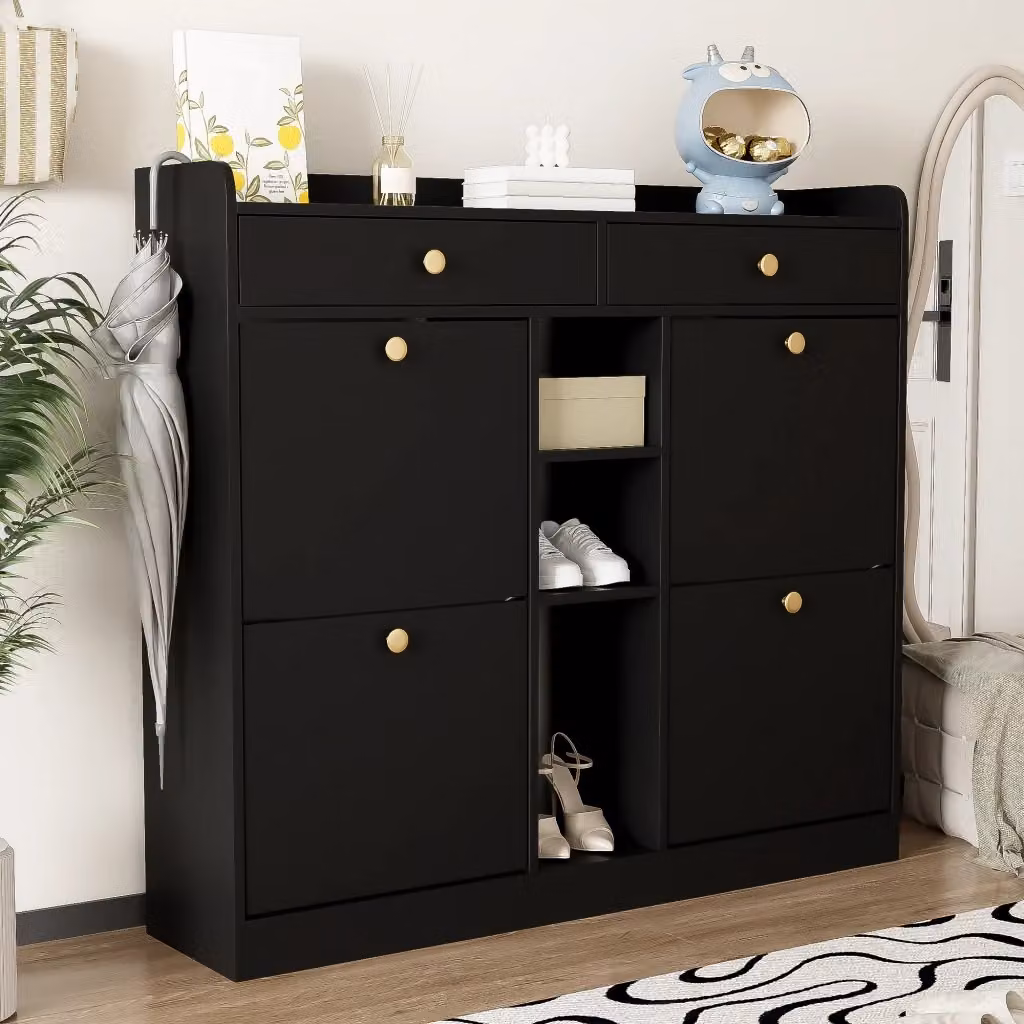Scarpiera Salvaspazio REDOM Nera con scomparti basculanti in MDF, L 110 cm x P 26 cm x H 100 cm – 2
