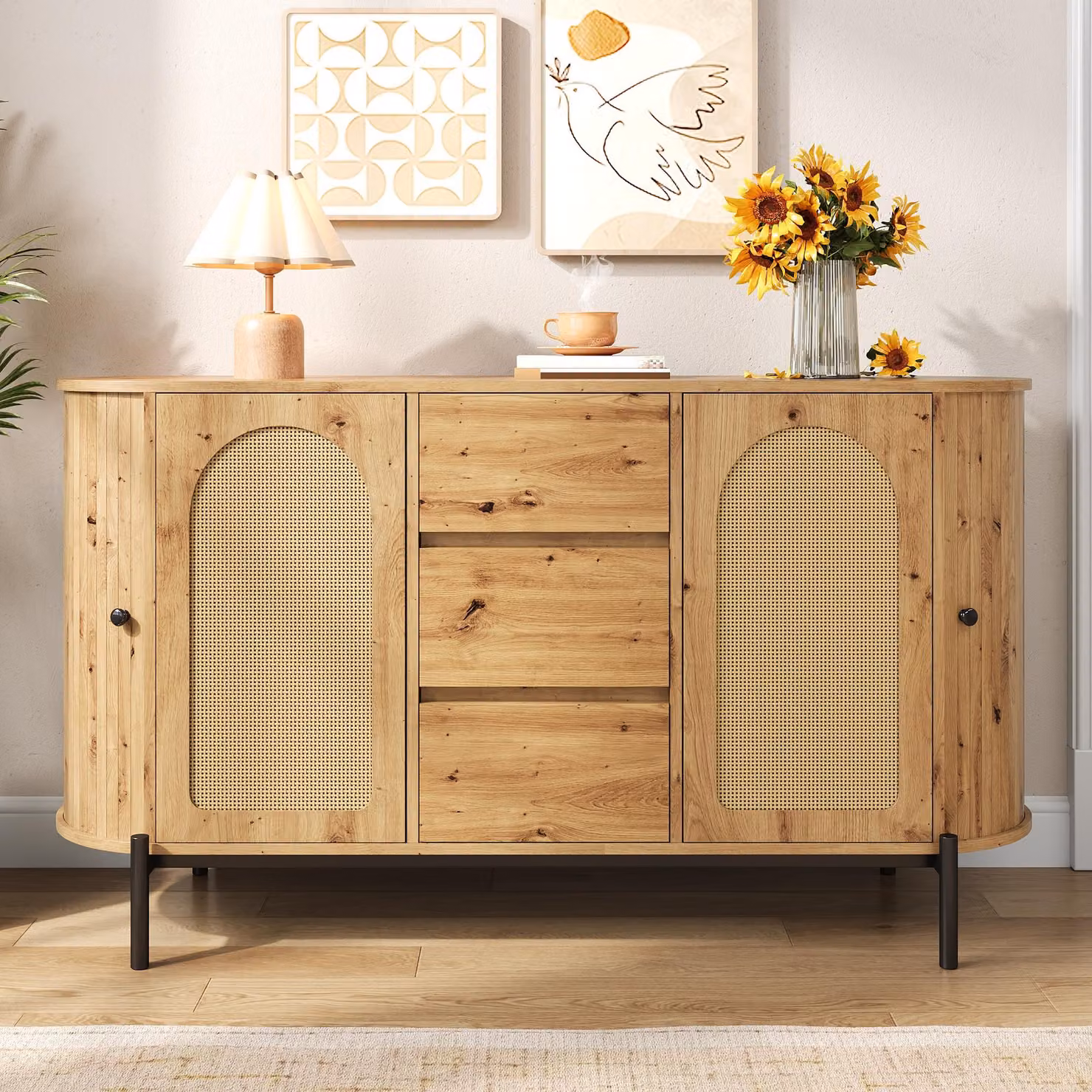 Credenza ovale Merax con ante in rattan + ante scorrevoli, cassettiera con cassetti e gambe in metallo, mobile da salotto con ripiani regolabili, effetto legno