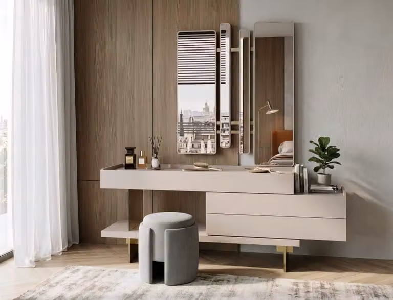 Set per tavolo da trucco: specchio, sgabello, design moderno, colore beige, elegante, lussuoso, tavolino da trucco