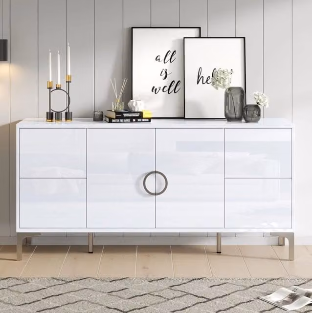 Sideboard 150x38x59;5 cm con 4 cassetti e 2 ante; MDF; bianco lucido