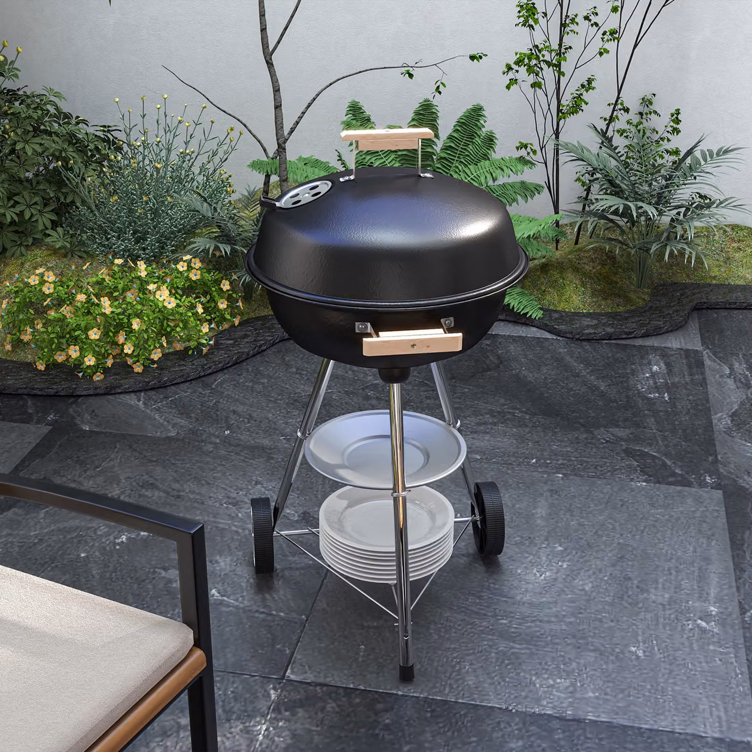 Barbecue a carbonella Outsunny con griglia in acciaio inossidabile, coperchio, prese d'aria e ruote, nero – 2
