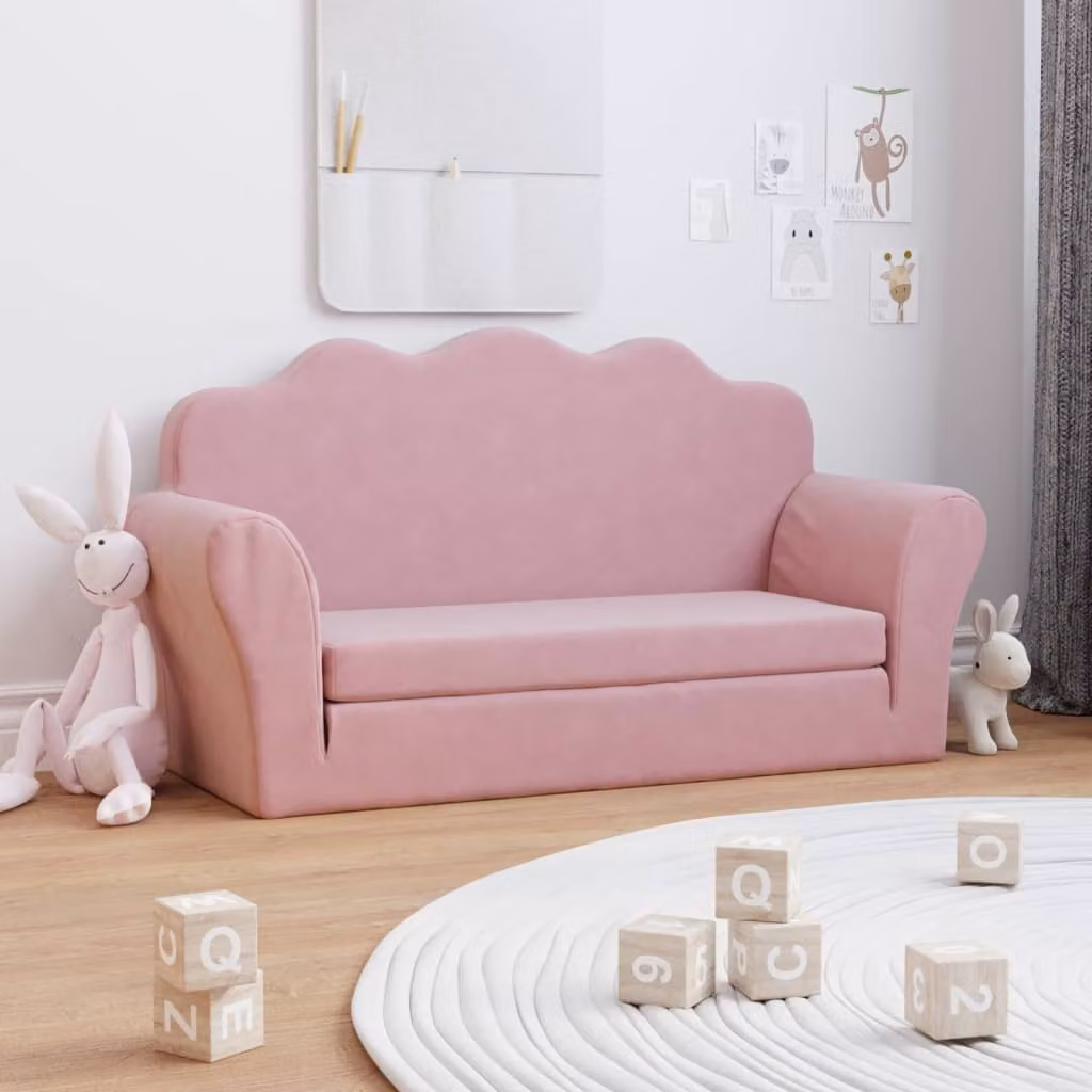 vidaXL Divano Letto per Bambini a 2 Posti in Morbido Peluche Rosa L: 148 cm, P: 76 cm, H: 48 cm