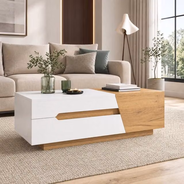 Tavolino da salotto ULEVR 120x50x37,5 cm con piano scorrevole, vani interni e 2 cassetti, bianco e naturale