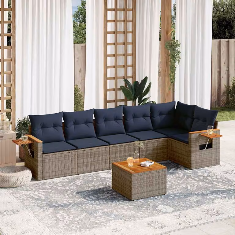 vidaXL Set Divani da Giardino 7 pz a L con Cuscini Blu e Grigio in Polyrattan e Legno di Acacia