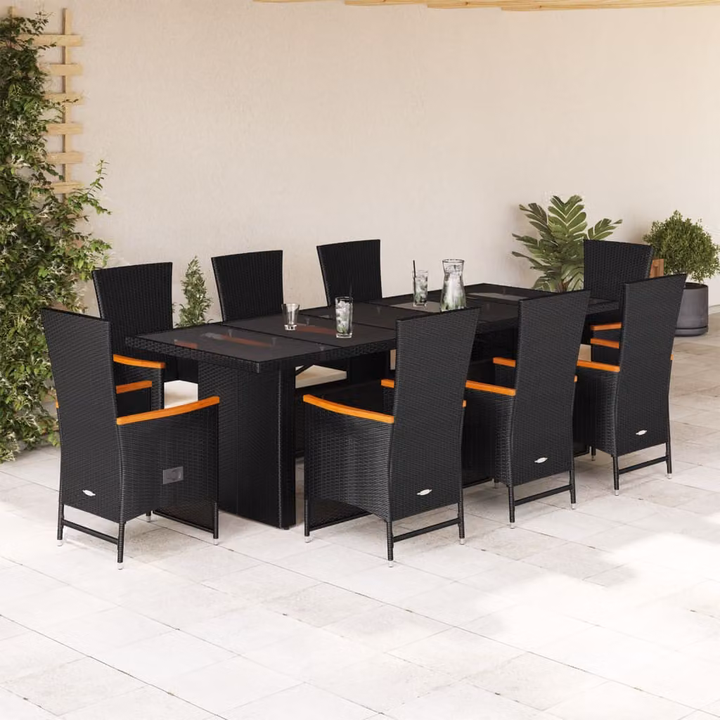 vidaXL Set da Pranzo da Giardino 9 pz in Polyrattan e Legno di Acacia con Cuscini Nero e Bianco