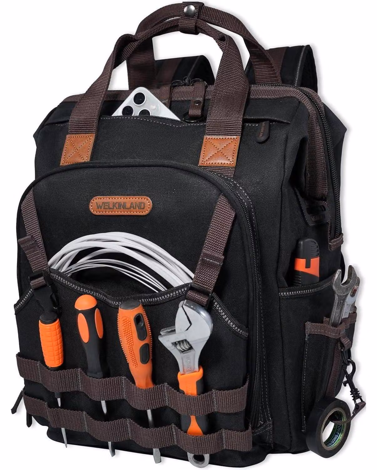 Zaino per attrezzi con 88 tasche, realizzato in tela cerata resistente, di colore nero, marrone o verde oliva