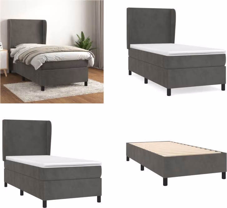 vidaXL Letto a molle con materasso grigio scuro 90x190 cm in velluto
