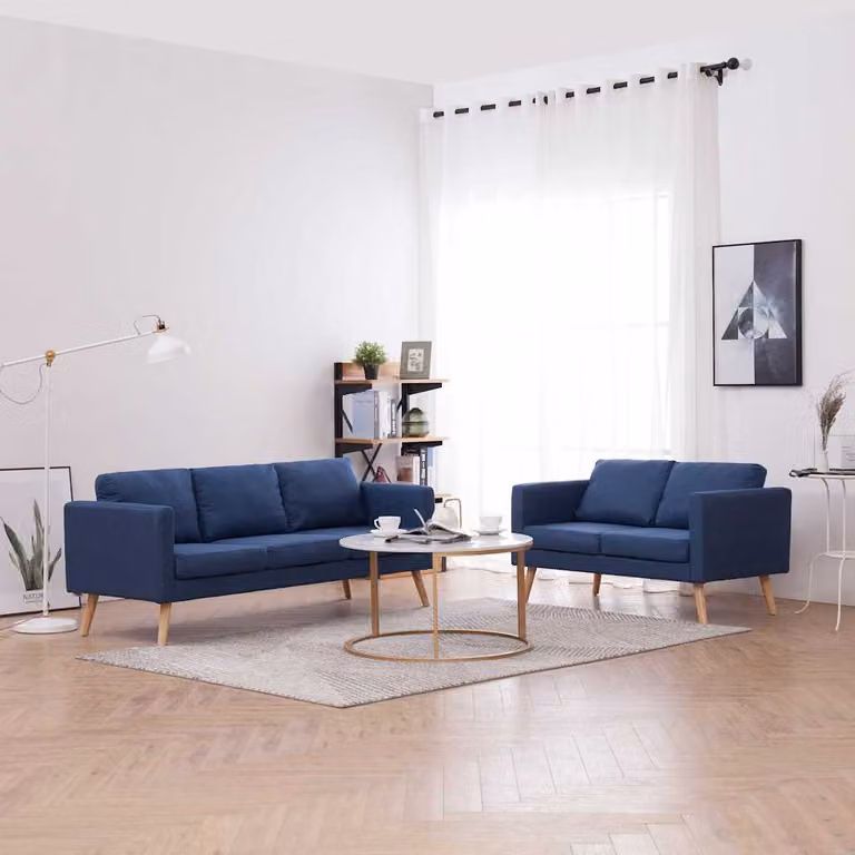 Set di divani vidaXL in tessuto blu con struttura in legno massiccio per soggiorno, composto da un divano a 2 posti e un divano a 3 posti con cuscini inclusi
