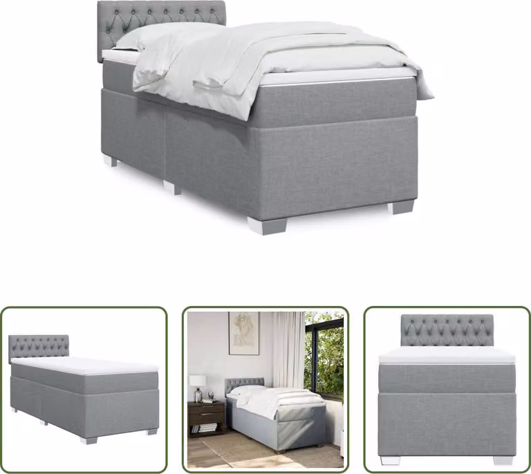 The Living Store Letto a molle con materasso grigio chiaro 100x200 cm in tessuto