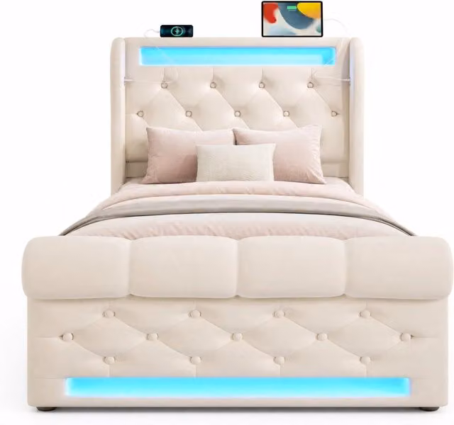 Letto singolo 90x200 cm con contenitore idraulico; LED e USB-C; velluto beige