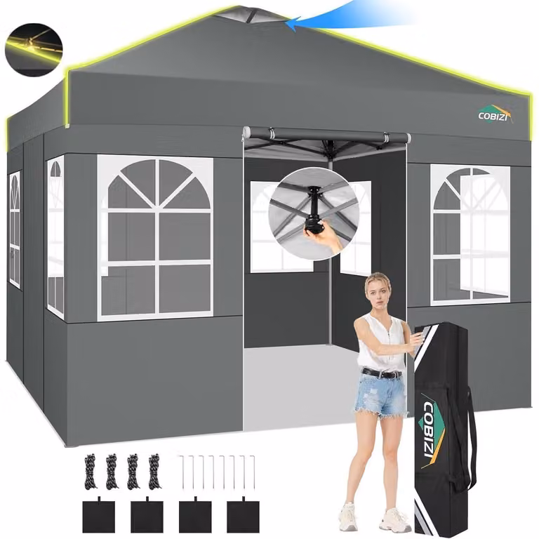 Gazebo da esterno 3x3 metri, impermeabile, resistente ai raggi UV, con 4 pareti laterali, colore grigio, con altezza regolabile