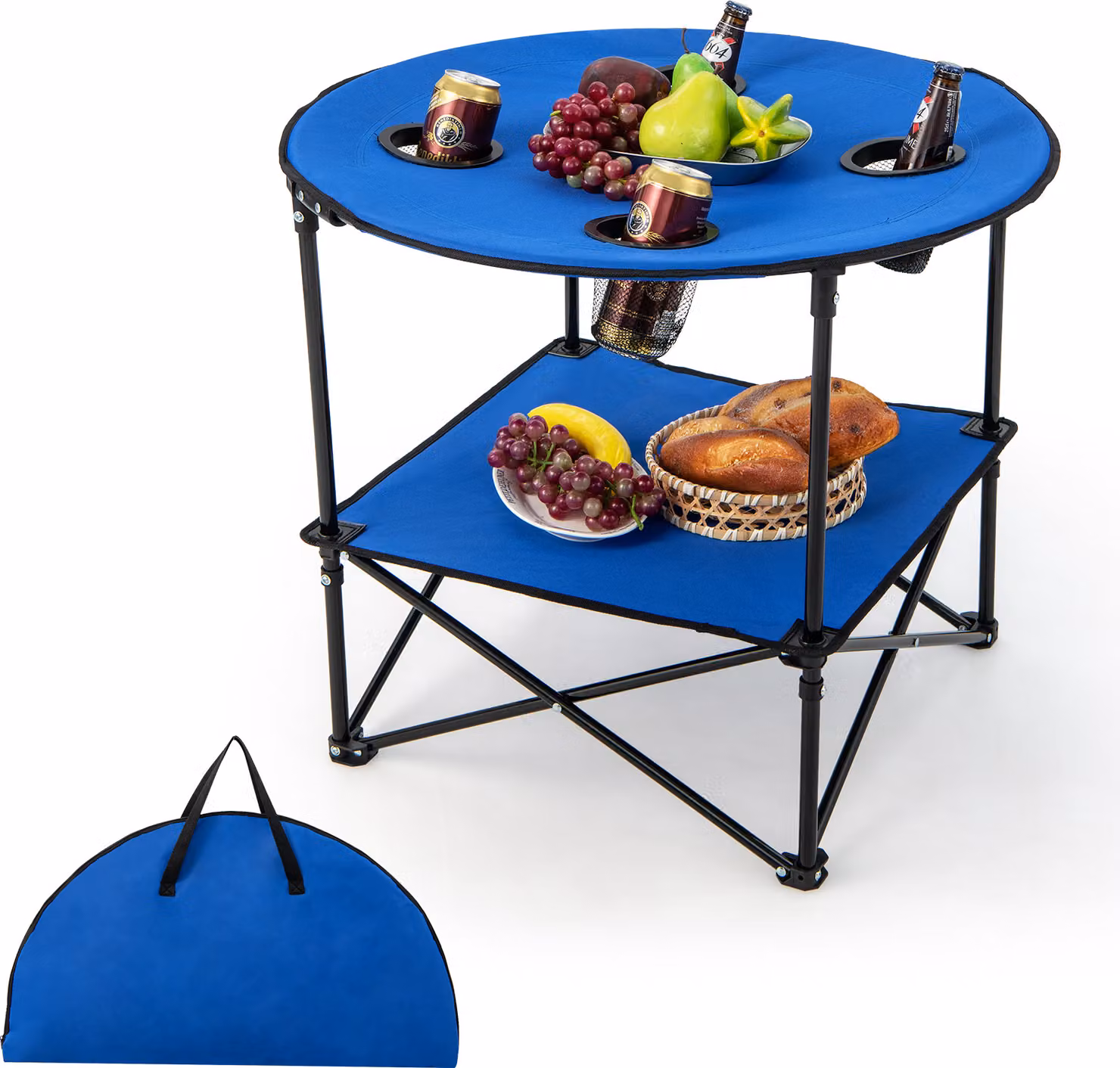 Tavolo da campeggio KOMFOTTEU, pieghevole, tavolo da picnic a 2 ripiani in tessuto Oxford, tavolo portatile con 4 portabicchieri, tavolino con borsa per il trasporto, ideale per barbecue, feste e pesca