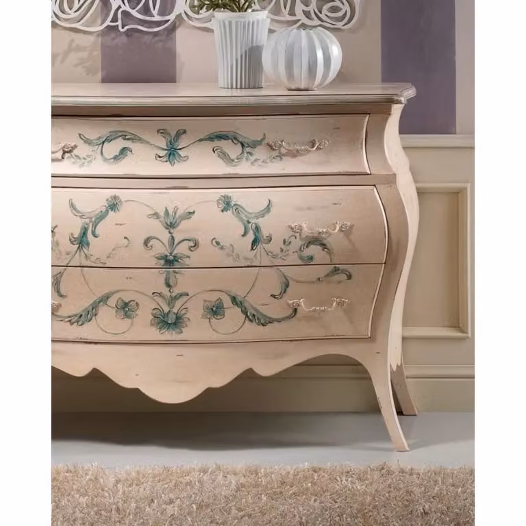 Comò bombato in stile shabby chic con decori floreali di Mobili 2G, colore avorio, L: 130 cm, P: 55 cm, H: 88 cm