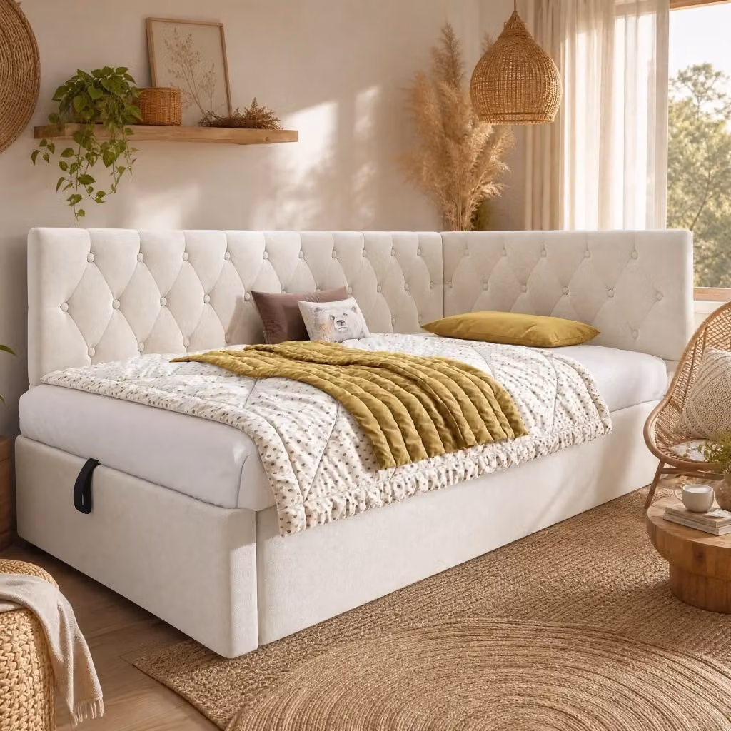 Letto contenitore moderno REDOM in velluto beige con base a sollevamento L/P/H: 196 x 90 x 77 cm – 2