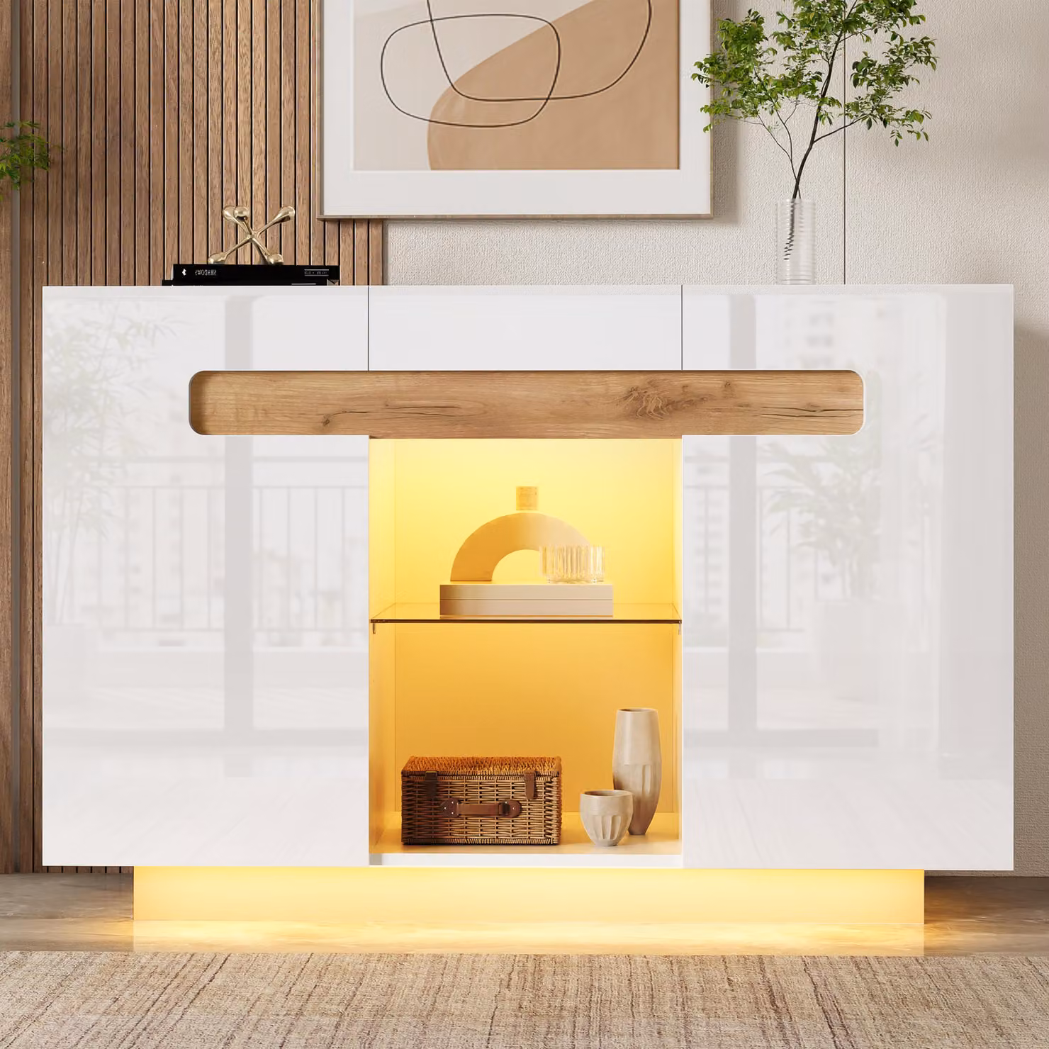 Credenza Merax con illuminazione a LED, cassettiera con cassetto e ripiani in vetro, design moderno lucido, mobile da salotto, cucina o ingresso, bianco + naturale