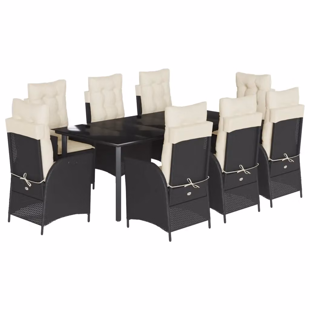 Set da pranzo da giardino vidaXL in polyrattan nero con cuscini e tavolo in vetro per 9 persone – 2