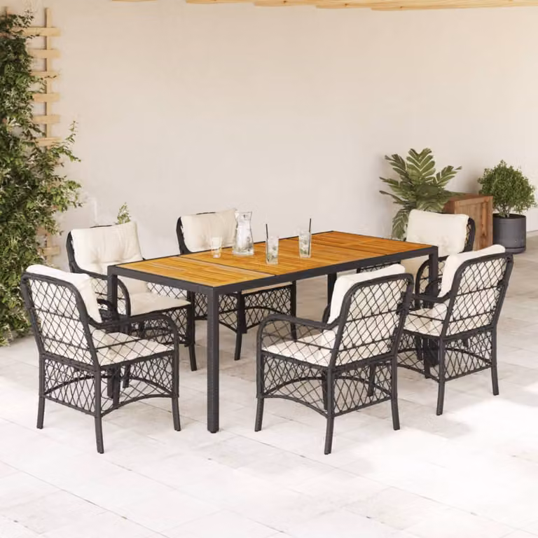 vidaXL Set da Pranzo da Giardino 7 pz in Legno di Acacia e Polyrattan Nero con Cuscini Beige e Bianchi