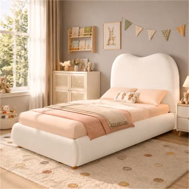 Letto contenitore 90x200 cm per bambini con contenitore idraulico; ampio contenitore; testiera imbottita; velluto; beige