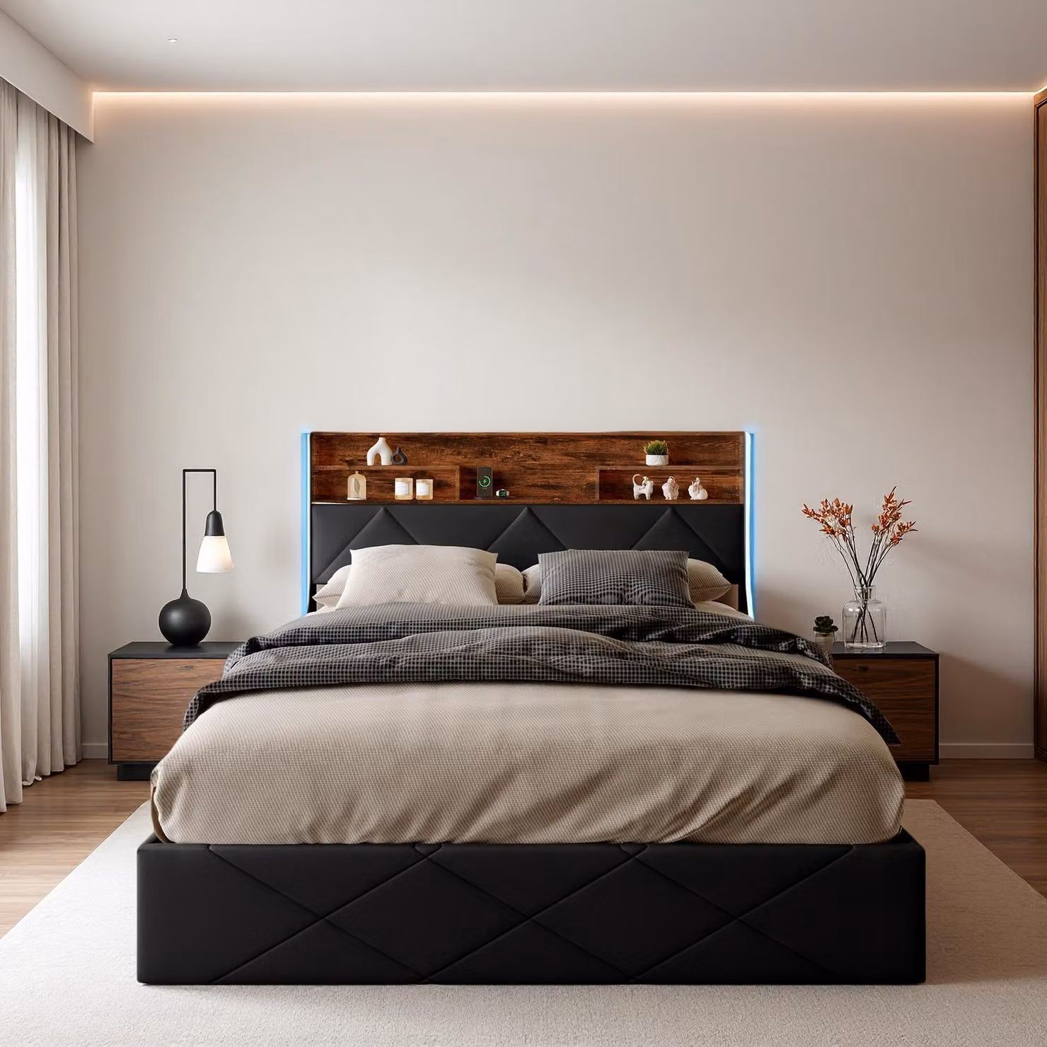 Letto idraulico ProximaX 160×200 cm - Pelle nera PU, testata con vano portaoggetti, connessione LED e USB, box letto sotto il piano di appoggio - Ideale per la camera da letto