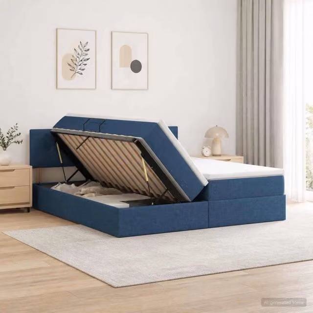 Letto con contenitore e testiera vidaXL in ecopelle e tessuto, Blu e Bianco, L: 180 cm, P: 200 cm, H: 88 cm – 1